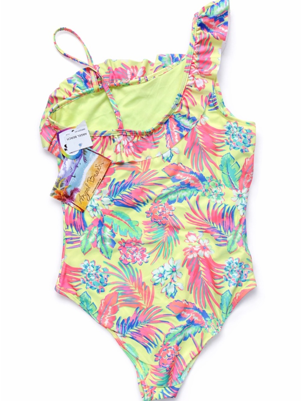 Angel  Girls' One-Shoulder Tropical Floral Swimsuit in Yellow, Pink and Green